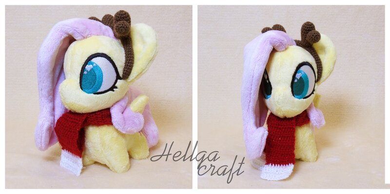 Size: 4096x2043 | Tagged: safe, artist:hellgacraft, derpibooru import, fluttershy, pegasus, pony, antlers, chibi, clothes, female, image, irl, jpeg, mare, photo, scarf, solo, spread wings, standing, wings