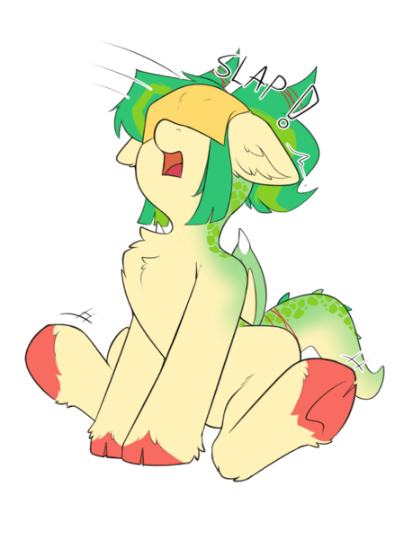 Size: 1610x2198 | Tagged: safe, artist:beardie, derpibooru import, oc, oc:jasmine threads, unofficial characters only, dracony, dragon, hybrid, pony, cheese slap, chest fluff, collar, female, image, mare, onomatopoeia, open mouth, png, simple background, sitting, surprised, transparent background, underhoof