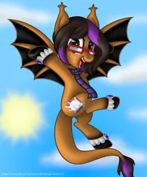Size: 914x1098 | Tagged: safe, artist:firedragonmoon15, derpibooru import, oc, pony, bat wings, black wings, brown mane, colored wings, cutie mark, fangs, flying, glasses, happy, image, looking at you, open mouth, orange wings, pink mane, png, sky, solo, sun, two toned mane, two toned wings, wings