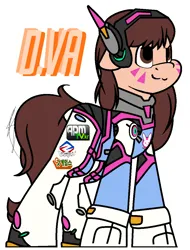 Size: 880x1160 | Tagged: safe, artist:eivilpotter, derpibooru import, oc, unofficial characters only, earth pony, pony, clothes, crossover, d.va, female, image, mare, overwatch, png, simple background, solo, text