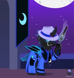 Size: 1237x1295 | Tagged: safe, artist:wheatley r.h., derpibooru import, oc, oc:w. rhinestone eyes, unofficial characters only, changeling, pony, bat wings, blue changeling, candy, changeling oc, derpibooru exclusive, food, gun, honeypot changeling, image, jpeg, lollipop, male, night, night sky, sky, stallion, stars, vector, watermark, weapon, wings