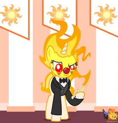 Size: 1237x1295 | Tagged: safe, artist:wheatley r.h., derpibooru import, oc, oc:twi clown, unofficial characters only, pony, unicorn, bowtie, clothes, clown, clown nose, derpibooru exclusive, female, glasses, horn, image, jpeg, mane of fire, mare, red nose, unicorn oc, vector, watermark