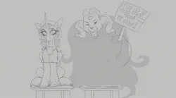 Size: 2329x1296 | Tagged: safe, artist:astr0zone, derpibooru import, fhtng th§ ¿nsp§kbl, oleander (tfh), demon, unicorn, them's fightin' herds, chair, clothes, community related, cup, drink, drinking, drinking straw, duo, female, gray background, grayscale, image, jpeg, monochrome, open mouth, shirt, sign, simple background, sitting, sketch, t-shirt