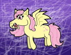 Size: 1016x787 | Tagged: safe, artist:cookie-lovey, derpibooru import, fluttershy, bat pony, pony, bats!, 2014, bat ponified, fangs, female, flutterbat, flying, image, jpeg, mare, open mouth, purple background, race swap, simple background, snarling, solo, spread wings, style emulation, the fairly oddparents, wings