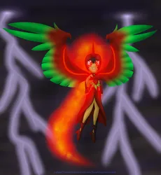 Size: 1012x1098 | Tagged: safe, artist:firedragonmoon15, derpibooru import, oc, oc:nightmare phoenix, alicorn, pony, equestria girls, blurry background, clothes, colored wings, fangs, fire hair, green wings, image, jewelry, lightning, looking at you, necklace, png, red eyes, red wings, shoes, two toned wings, wings
