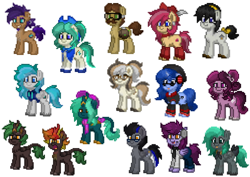 Size: 4960x3508 | Tagged: safe, derpibooru import, oc, oc:laykeen, oc:silver graffiti, unofficial characters only, earth pony, gryphon, kirin, pegasus, pony, unicorn, pony town, accessory, clothes, derpibooru exclusive, glasses, griffon oc, group, horn, image, kirin oc, ocs everywhere, pegasus oc, pixel art, pixelated, png, unicorn oc, wings