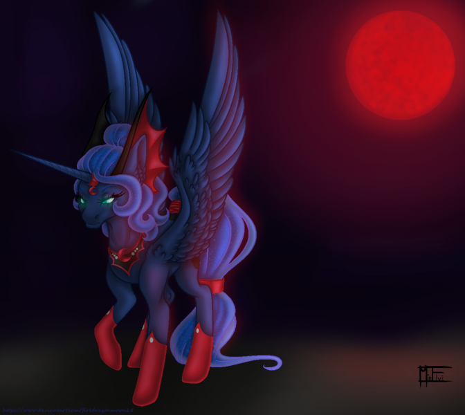 Size: 1196x1068 | Tagged: safe, artist:firedragonmoon15, derpibooru import, princess luna, alicorn, pony, blood moon, blurry background, feathered wings, full moon, glow, glowing eyes, image, moon, night, png, spread wings, wings