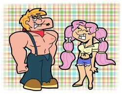 Size: 1016x787 | Tagged: safe, artist:cookie-lovey, derpibooru import, big macintosh, fluttershy, human, 2014, alternate hairstyle, belly button, biceps, breasts, busty fluttershy, clothes, daisy dukes, denim, duo, duo male and female, female, fluttermac, front knot midriff, great macintosh, grin, humanized, image, jeans, jpeg, lidded eyes, looking at you, male, male nipples, midriff, muscles, muscular male, nipples, nudity, pants, pecs, pigtails, plaid background, redneck, shipping, shoes, shorts, smiling, smiling at you, straight, straw in mouth, style emulation, suspenders, the fairly oddparents, toothy grin, twintails, wide hips