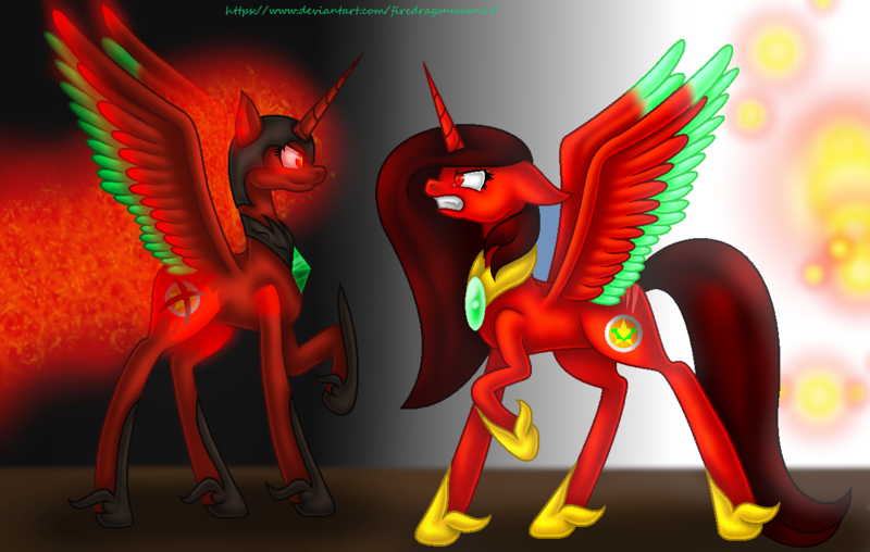 Size: 1240x788 | Tagged: safe, artist:firedragonmoon15, derpibooru import, oc, oc:nightmare phoenix, oc:phoenix scarletruby, alicorn, pony, angry, brown mane, brown tail, colored wings, cutie mark, ethereal mane, ethereal tail, glow, glowing wings, green wings, gritted teeth, helmet, hoof shoes, image, jewelry, looking at each other, looking at someone, mint wings, necklace, opposites, png, raised hoof, red coat, red wings, scar, sparks, spread wings, standing, tail, teeth, two toned wings, wings
