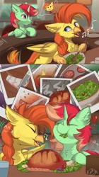 Size: 2773x4957 | Tagged: safe, artist:beardie, derpibooru import, oc, oc:goldenflow, oc:jonin, hippogriff, unicorn, claws, comic, commission, cooking, eating, food, fork, happy, heart, horn, image, knife, meat, music notes, open mouth, png, polaroid, ponies eating meat, salad, spoon, wings