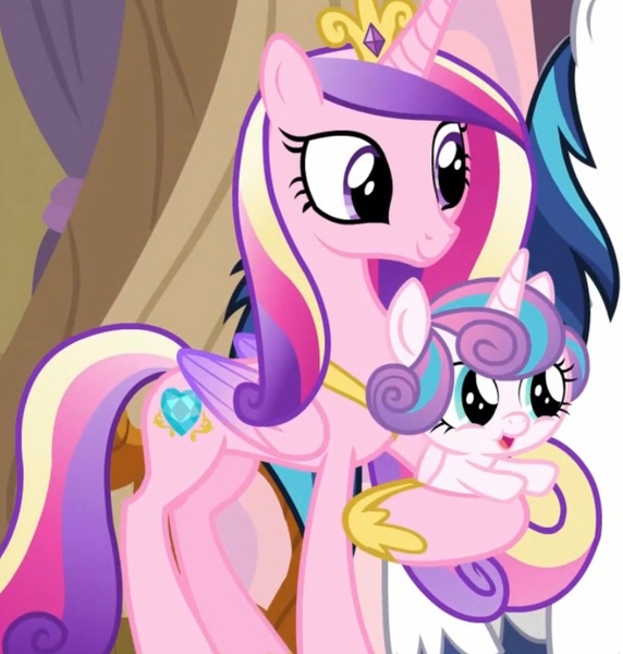 Size: 1543x1619 | Tagged: safe, derpibooru import, screencap, princess cadance, princess flurry heart, shining armor, alicorn, pony, once upon a zeppelin, airship, baby, baby pony, big eyes, cropped, cute, female, flurrybetes, image, jpeg, mother and child, mother and daughter, zeppelin
