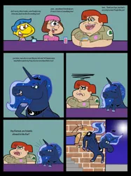 Size: 1024x1366 | Tagged: safe, artist:cookie-lovey, derpibooru import, princess luna, alicorn, pony, 2014, alcohol, annoyed, bar, brickleberry, comic, connie cunaman, crossover, dialogue, drink, family guy, female, frown, image, jpeg, kicking, male, mare, meg griffin, milhouse van houten, night, open mouth, open smile, pain star, smiling, style emulation, text, the fairly oddparents, the simpsons