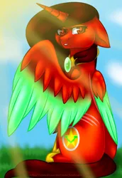 Size: 742x1077 | Tagged: safe, artist:firedragonmoon15, derpibooru import, oc, oc:phoenix scarletruby, alicorn, pony, blurry background, brown mane, brown tail, colored wings, cutie mark, day, floppy ears, hoof shoes, image, jewelry, light rays, looking at you, mint wings, necklace, one wing out, png, red coat, red wings, scar, sitting, sunny day, tail, two toned wings, wings