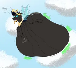 Size: 2036x1810 | Tagged: suggestive, artist:xyclone, derpibooru import, part of a set, oc, oc:mimesis, unofficial characters only, changeling, belly, big belly, chubby, digestion, fangs, fat, flying, huge belly, image, implied princess celestia, implied princess luna, impossibly large belly, jewelry, long tongue, lunaprey, png, post-vore, preylestia, regalia, signature, solo, stomach noise, tongue out, vore, weight gain