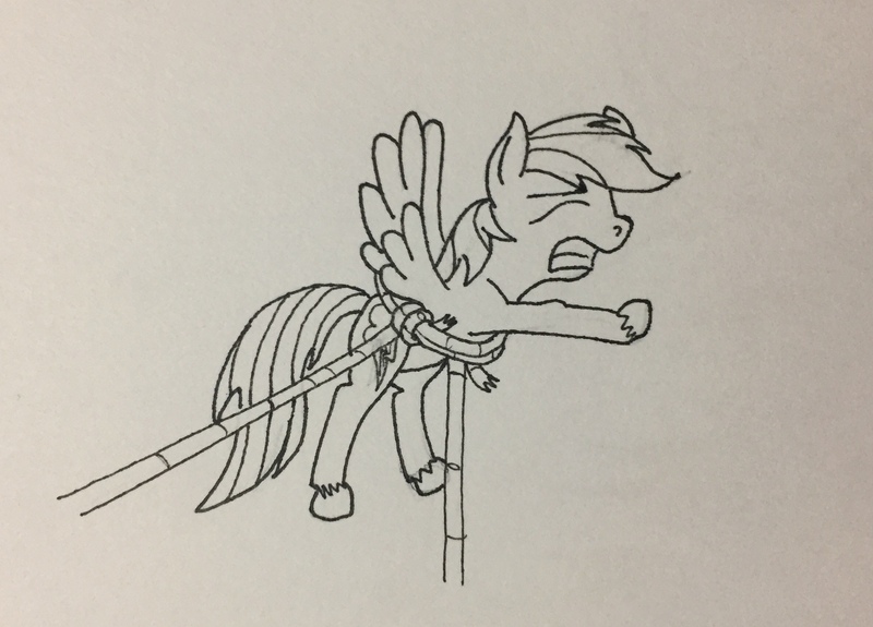 Size: 2383x1712 | Tagged: safe, artist:anxiouspon, derpibooru import, rainbow dash, pegasus, pony, atg 2019, eyes closed, image, jpeg, newbie artist training grounds, rope, traditional art