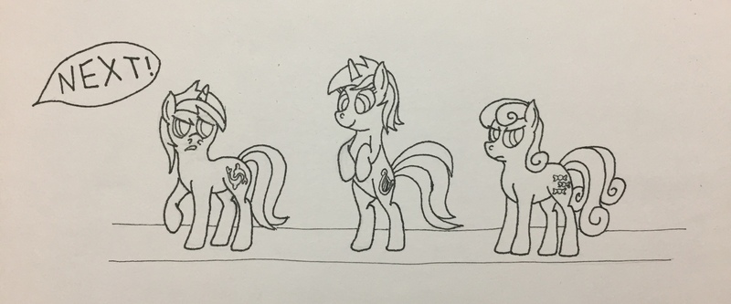 Size: 3264x1357 | Tagged: safe, artist:anxiouspon, derpibooru import, bon bon, lyra heartstrings, sweetie drops, earth pony, pony, unicorn, atg 2019, bon bon is not amused, image, jpeg, newbie artist training grounds, traditional art, unamused