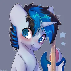 Size: 1000x1000 | Tagged: safe, artist:shelti, derpibooru import, oc, unofficial characters only, pony, unicorn, blushing, bust, commission, guitar, happy, horn, image, jpeg, male, musical instrument, simple background, solo, stallion
