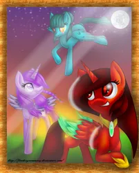 Size: 801x996 | Tagged: safe, artist:firedragonmoon15, derpibooru import, oc, oc:phoenix scarletruby, alicorn, pegasus, pony, brown mane, brown tail, colored wings, cutie mark, eye scar, facial scar, feathered wings, flying, full moon, heterochromia, hoof shoes, image, jewelry, light rays, looking at someone, mint coat, mint mane, mint tail, mint wings, moon, necklace, pink coat, pink mane, png, red coat, red eyes, red wings, scar, smiling, spread wings, stars, tail, two toned wings, walking, wings
