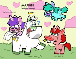 Size: 1016x787 | Tagged: safe, artist:cookie-lovey, derpibooru import, oc, ponified, earth pony, pegasus, pony, unicorn, 2014, bucktooth, crossover, crown, female, image, jewelry, jorgen von strangle, jpeg, looking up, magic wand, male, mare, non-mlp oc, open mouth, open smile, raised hoof, regalia, screaming, smiling, stallion, style emulation, sweat, the fairly oddparents