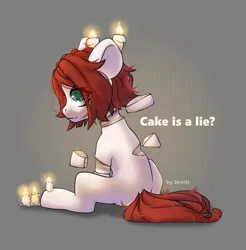 Size: 1968x2000 | Tagged: safe, artist:shelti, derpibooru import, oc, unofficial characters only, earth pony, pony, cake, candle, colored pupils, everything is cake, female, food, image, jpeg, mare, question mark, sitting, solo, text