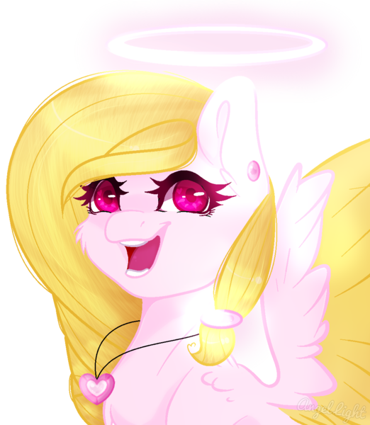 Size: 1085x1247 | Tagged: safe, artist:angellightyt, derpibooru import, oc, oc:angel light, unofficial characters only, pegasus, pony, base used, bust, colored wings, ear piercing, female, halo, image, jewelry, mare, necklace, pegasus oc, piercing, png, simple background, smiling, solo, transparent background, two toned wings, wings