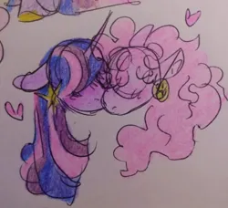 Size: 540x492 | Tagged: safe, artist:rareapples, derpibooru import, pinkie pie, twilight sparkle, twilight sparkle (alicorn), alicorn, earth pony, pony, 2d, colored, digital art, ear piercing, earring, female, happy, horn, hug, image, jewelry, jpeg, lesbian, looking at each other, looking at someone, love, mare, nuzzling, piercing, shipping, smiling, smiling at each other, wings