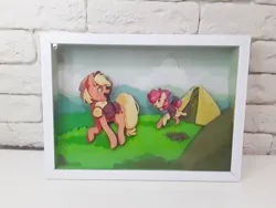 Size: 1280x960 | Tagged: safe, artist:made_by_franch, derpibooru import, apple bloom, applejack, breasts, campingє, craft, diorama, forest, handmade, image, mountain, nature, png, scene, spreading, tree