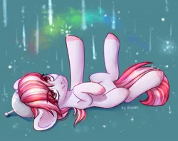 Size: 2000x1586 | Tagged: safe, artist:shelti, derpibooru import, sugar moonlight, earth pony, pony, anti-mind reading cap, colored hooves, colored pupils, g5, happy, image, jpeg, lying down, on back, smiling, solo