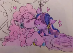 Size: 540x396 | Tagged: safe, artist:rareapples, derpibooru import, pinkie pie, twilight sparkle, twilight sparkle (alicorn), alicorn, earth pony, pony, 2d, colored, digital art, ear piercing, earring, female, happy, horn, hug, image, jewelry, jpeg, kissing, lesbian, looking at each other, looking at someone, love, mare, piercing, shipping, smiling, smiling at each other, standing, wings