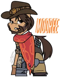 Size: 944x1216 | Tagged: safe, artist:eivilpotter, derpibooru import, mccree, oc, unofficial characters only, earth pony, pony, ammunition, beard, clothes, crossover, facial hair, gauntlet, hat, image, male, overwatch, png, poncho, simple background, solo, stallion, text