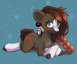 Size: 2000x1652 | Tagged: safe, artist:shelti, derpibooru import, oc, unofficial characters only, pony, blaze (coat marking), blushing, braid, coat markings, colored pupils, ear piercing, earring, facial markings, feather, female, image, jewelry, jpeg, looking at you, lying down, mare, piercing, prone, socks (coat marking), solo, unshorn fetlocks