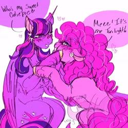 Size: 540x540 | Tagged: safe, artist:rareapples, derpibooru import, pinkie pie, twilight sparkle, twilight sparkle (alicorn), alicorn, earth pony, pony, 2d, colored, digital art, ear piercing, earring, female, happy, horn, hug, image, jewelry, jpeg, lesbian, looking at each other, looking at someone, love, mare, piercing, shipping, smiling, smiling at each other, standing, text, wings