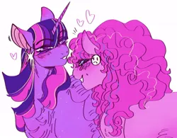 Size: 540x421 | Tagged: safe, artist:rareapples, derpibooru import, pinkie pie, twilight sparkle, twilight sparkle (alicorn), alicorn, earth pony, pony, 2d, colored, digital art, ear piercing, earring, female, happy, horn, hug, image, jewelry, jpeg, lesbian, looking at each other, looking at someone, love, mare, piercing, shipping, smiling, smiling at each other, standing, wings