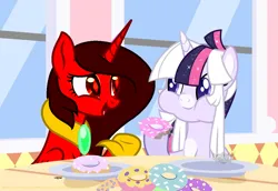 Size: 1078x741 | Tagged: safe, artist:firedragonmoon15, derpibooru import, oc, oc:phoenix scarletruby, alicorn, pony, brown mane, donut, eating, food, hoof shoes, image, jewelry, looking at each other, looking at someone, necklace, plate, png, purple eyes, red coat, red eyes, red wings, show accurate, table, talking, window, wings