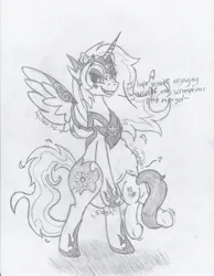 Size: 2552x3284 | Tagged: suggestive, artist:xyclone, derpibooru import, daybreaker, oc, alicorn, pony, belly button, belly button vore, blushing, dialogue, endosoma, fangs, fetish, image, jpeg, non-fatal vore, stomach noise, traditional art, vore, willing vore