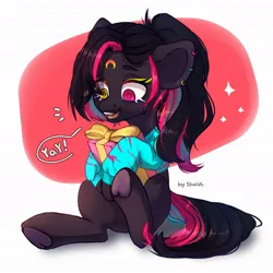 Size: 1024x1024 | Tagged: safe, artist:shelti, derpibooru import, oc, unofficial characters only, earth pony, pony, clothes, colored pupils, dialogue, female, happy, heterochromia, image, jpeg, long sleeves, mare, open mouth, present, sitting, solo, speech bubble, sweater, underhoof