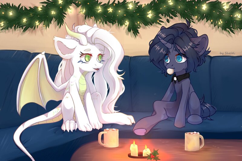 Size: 2048x1366 | Tagged: safe, artist:shelti, derpibooru import, oc, unofficial characters only, dracony, dragon, hybrid, unicorn, choker, claws, commission, couch, duo, duo male and female, female, garland, horn, image, indoors, jpeg, lights, male, mug, scales, wings