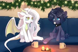 Size: 2048x1366 | Tagged: safe, artist:shelti, derpibooru import, oc, unofficial characters only, dracony, dragon, hybrid, unicorn, choker, claws, commission, couch, duo, duo male and female, female, garland, horn, image, indoors, jpeg, lights, male, mug, scales, wings