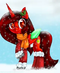 Size: 1052x1284 | Tagged: safe, artist:firedragonmoon15, derpibooru import, oc, oc:phoenix scarletruby, alicorn, pony, brown mane, brown tail, clothes, colored wings, cutie mark, image, jewelry, mint wings, necklace, png, raised hoof, red coat, red eyes, red wings, scarf, smiling, snow, snowfall, tail, two toned wings, wings