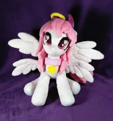 Size: 725x779 | Tagged: safe, artist:doctorkoda, derpibooru import, oc, unofficial characters only, pegasus, angel, collar, commission, cross, ear piercing, earring, image, irl, jewelry, jpeg, mare halo, multiple wings, photo, piercing, plushie, smiling, solo, spread wings, standing, wings