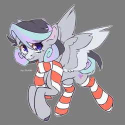 Size: 2000x2000 | Tagged: safe, artist:shelti, derpibooru import, oc, unofficial characters only, pegasus, pony, clothes, colored pupils, colored wings, colored wingtips, commission, female, flying, gray background, image, jpeg, mare, scarf, simple background, sketch, socks, solo, spread wings, striped socks, wings
