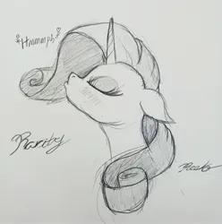 Size: 3060x3084 | Tagged: safe, artist:reekosukanku, derpibooru import, rarity, oc, oc:graphite sketch, pony, unicorn, bust, chin up, eyes closed, head, horn, image, jpeg, monochrome, portrait, pouting, rough sketch, simple background, sketch, solo, traditional art