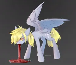 Size: 1024x875 | Tagged: safe, artist:shelti, derpibooru import, derpy hooves, pegasus, pony, blood, colored pupils, female, gray background, image, jpeg, mare, simple background, solo, spread wings, standing, vomit, vomiting blood, wings