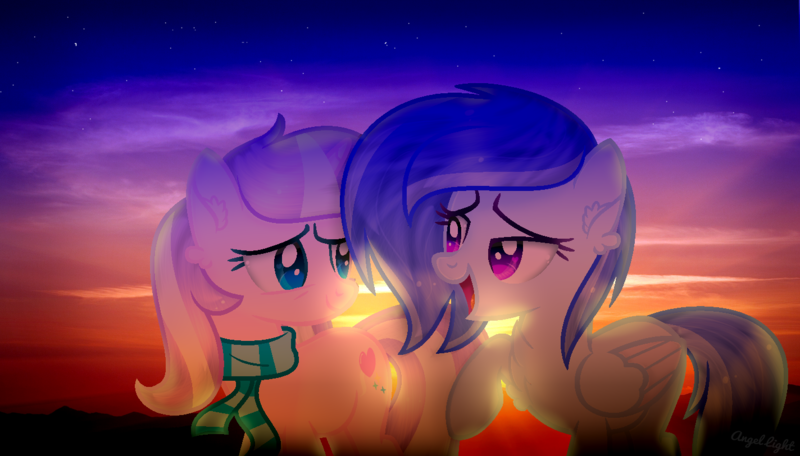 Size: 1424x812 | Tagged: safe, artist:angellightyt, derpibooru import, oc, unofficial characters only, earth pony, pegasus, pony, base used, clothes, duo, earth pony oc, eyelashes, female, image, mare, pegasus oc, png, scarf, sunset, wings