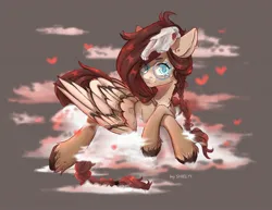 Size: 2048x1585 | Tagged: safe, artist:shelti, derpibooru import, oc, unofficial characters only, pegasus, pony, cloud, colored pupils, female, gift art, heart, image, jpeg, looking at you, lying down, mare, partially open wings, prone, skill, sky, solo, unshorn fetlocks, wings