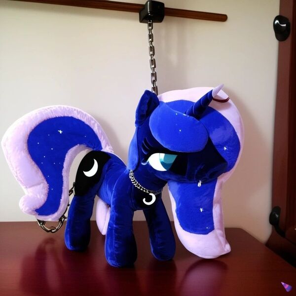 Size: 768x768 | Tagged: questionable, derpibooru import, machine learning generated, purplesmart.ai, stable diffusion, princess luna, alicorn, chains, collar, female, femsub, image, irl, jpeg, merch sexploitation, photo, plushie, submissive, toy
