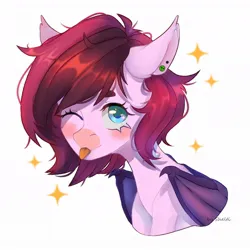 Size: 1024x1024 | Tagged: safe, artist:shelti, derpibooru import, oc, unofficial characters only, bat pony, pony, :p, bat wings, bust, colored pupils, commission, ear fluff, ear piercing, earring, female, image, jewelry, jpeg, mare, one eye closed, piercing, simple background, solo, tongue out, white background, wings, wink