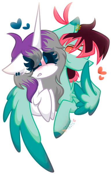 Size: 1500x2344 | Tagged: safe, artist:scridley arts, derpibooru import, oc, unofficial characters only, pegasus, pony, unicorn, blushing, duo, female, horn, image, male, pegasus oc, png, simple background, transparent background, unicorn oc, wings