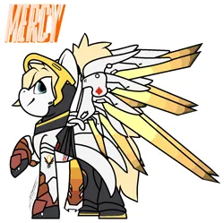 Size: 1392x1384 | Tagged: safe, artist:eivilpotter, derpibooru import, oc, unofficial characters only, pony, armor, artificial wings, augmented, colored, crossover, female, flat colors, image, mare, mechanical wing, mercy, overwatch, png, simple background, solo, spread wings, text, wings