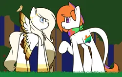 Size: 2496x1584 | Tagged: safe, artist:eivilpotter, derpibooru import, oc, oc:angelica, oc:oni, unofficial characters only, earth pony, pegasus, colored, duo, flat colors, forest, forest background, image, looking at each other, looking at someone, png, simple background, spread wings, tree, wings